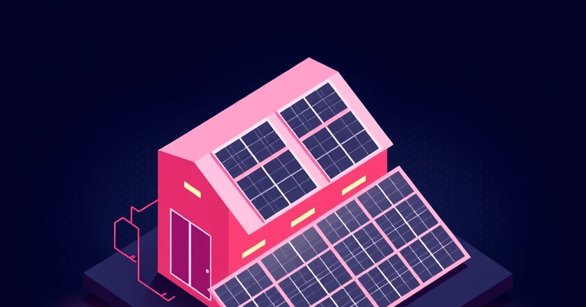 Flat isometric illustration of a pink house with rooftop and ground solar panels wired to a small box, on a dark backdrop.