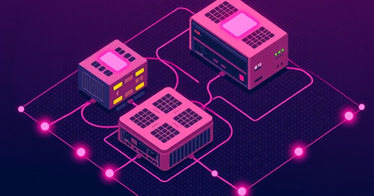Flat isometric illustration of three pink charge-controller boxes with vented panels and green status lights, wired together on a purple grid of glowing nodes.