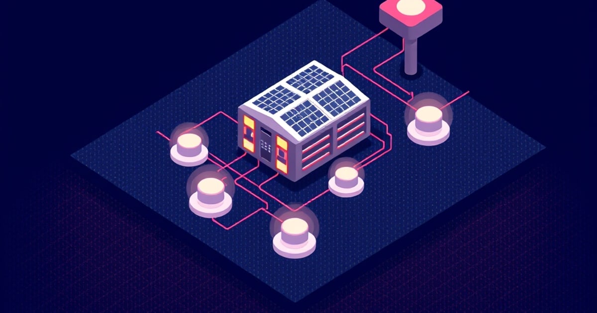 Isometric lilac enclosure with blue rooftop solar panels and lit vents, pink cables branching across a dark grid to six glowing battery pucks