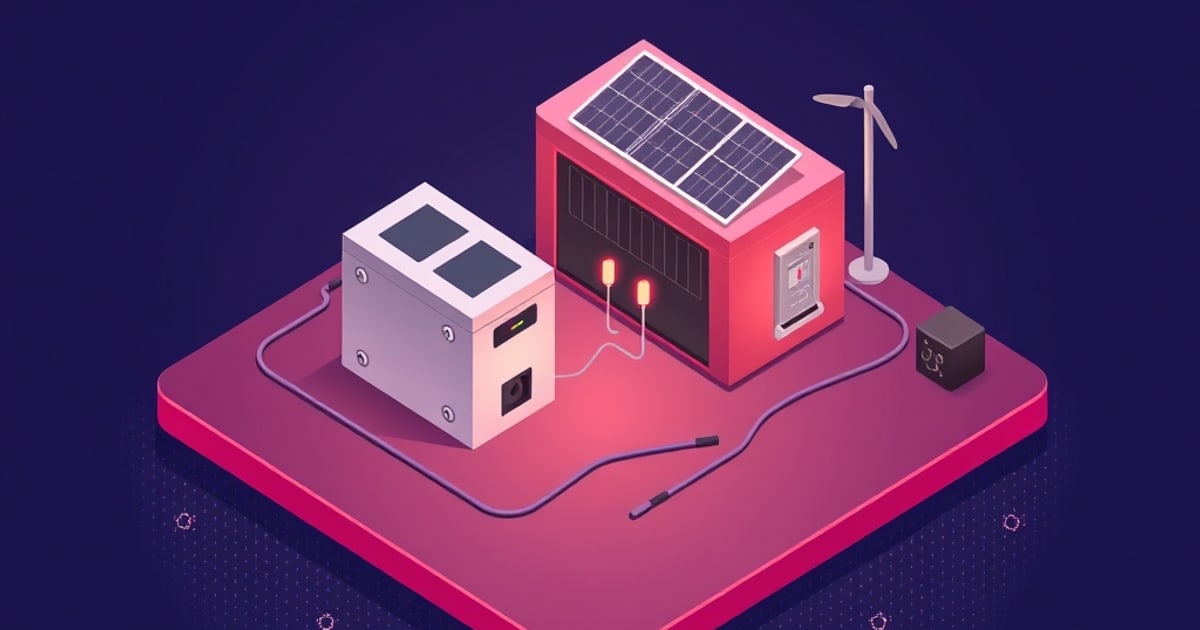 Flat isometric illustration of a white battery cabinet cabled to a pink inverter box topped with a solar panel, beside a small wind turbine on a pink platform.
