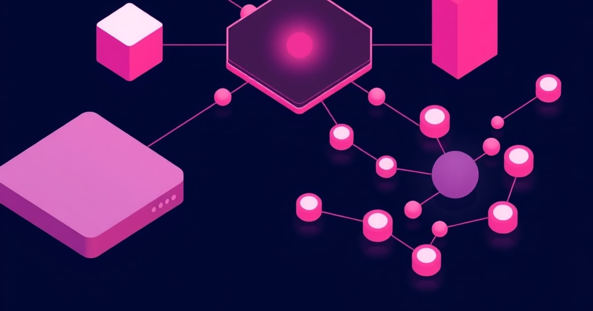 Pink isometric cubes and a glowing hexagon connect to a branching network of small nodes on a dark blue background, evoking a distributed power grid.